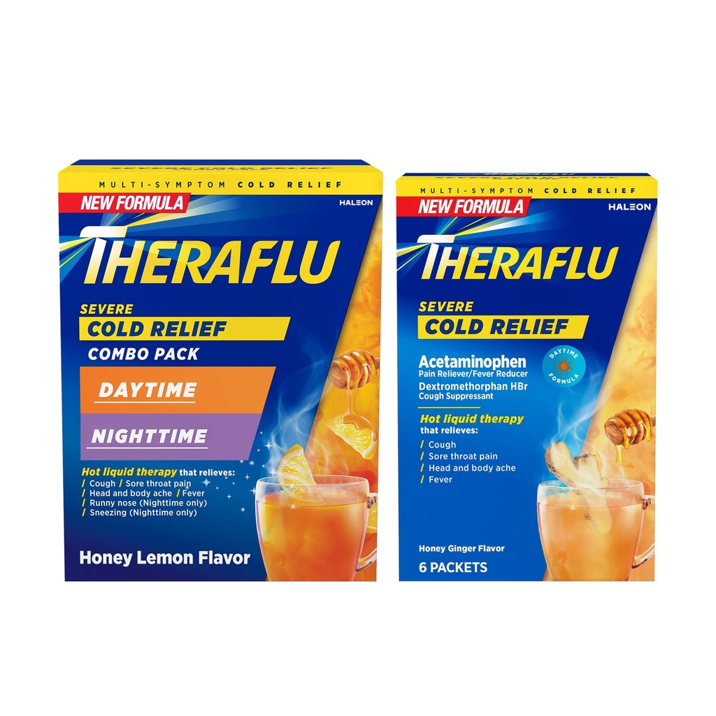 Theraflu Day and Night Pack, Severe Cold Relief, 18 Packets | Cold, Cough, and Flu Relief Powder for Use in Hot Liquids, Dual Formulas for Day and Night, Multiple Tea Flavors