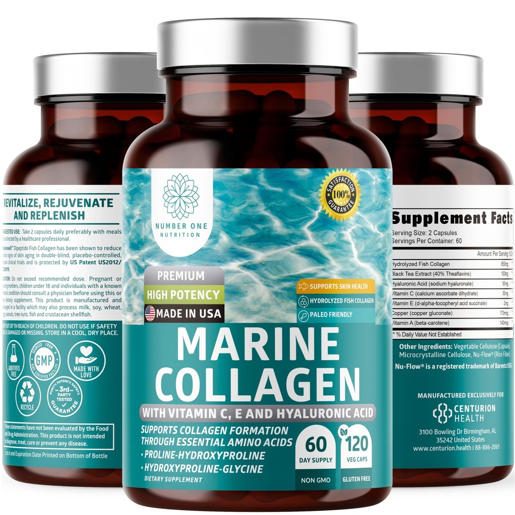 Hydrolyserad Marine Collagen med Hyaluronic Acid, Vitamin C, Theaflavin och Copper, Collagen Supplement för kvinnor och män för strålande hud, hår och naglar, Gluten Free och icke-GMO, 120 Veg Caps