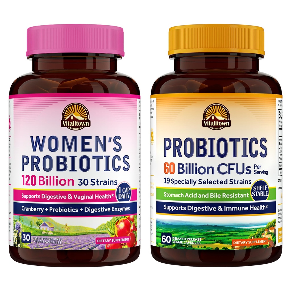 Vitalitown Probiotic Bundle (Pack of 2) | Kvinnors Probiotika 120 miljarder (punkt 1) & Probiotika 60 miljarder (punkt 2) | Shelf Stable | Digestive & Women's Health | 30 Servings Varje