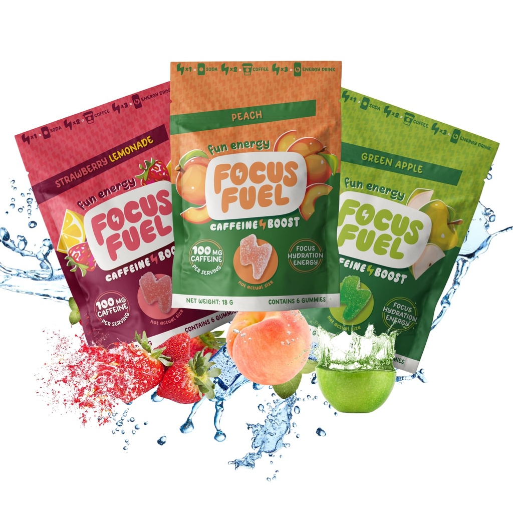 FocusFuel Energy Chews - Trial Size Variety Sample Pack (9 portioner) - 100mg Caffeine + Alpha GPC + L-Theanine + B12, Magnesium - Peach, Green Apple, Strawberry Lemonade Flavors - No Crash eller Jitters