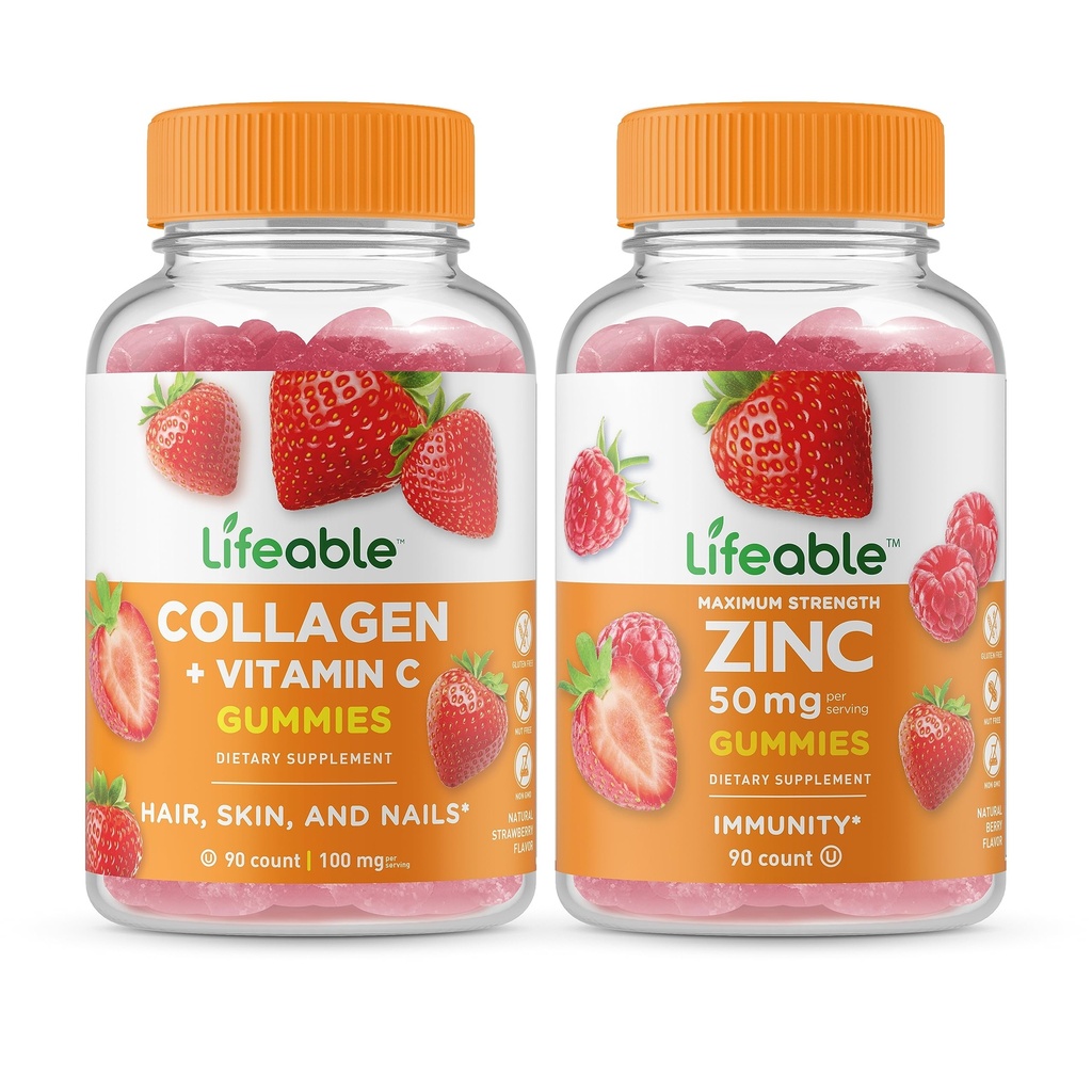 Livlig Collagen & Vitamin C + Zink 50mg, Gummies Bundle - Great Tasting, Vitamin Supplement, Gluten Free, GMO Free, Chewable Gummy