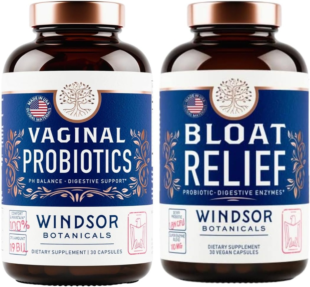 WINDSOR BOTANICALS Bloat Relief Probiotic med Enzymer och Vaginal Probiotika - Digestive och Vaginal Health Bundle
