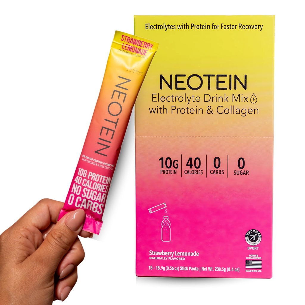 NEOTEIN: Electrolyte Powder Packets, Protein Powder med 10g Protein & Collagen | Hydration Packets - Zero Sugar, NO Fillers, NO Carbs | Strawberry Lemonade | 40 kalorier | Keto & Paleo | Pack av 15