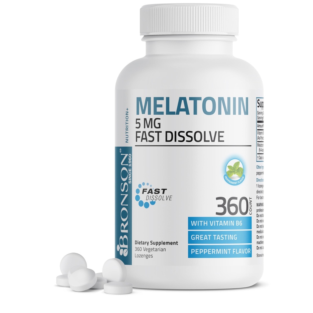 Bronson Melatonin 5mg Fast löser Peppermint tabletter med vitamin B6 - Främjar avkoppling, 360 vegetariska tuggrester