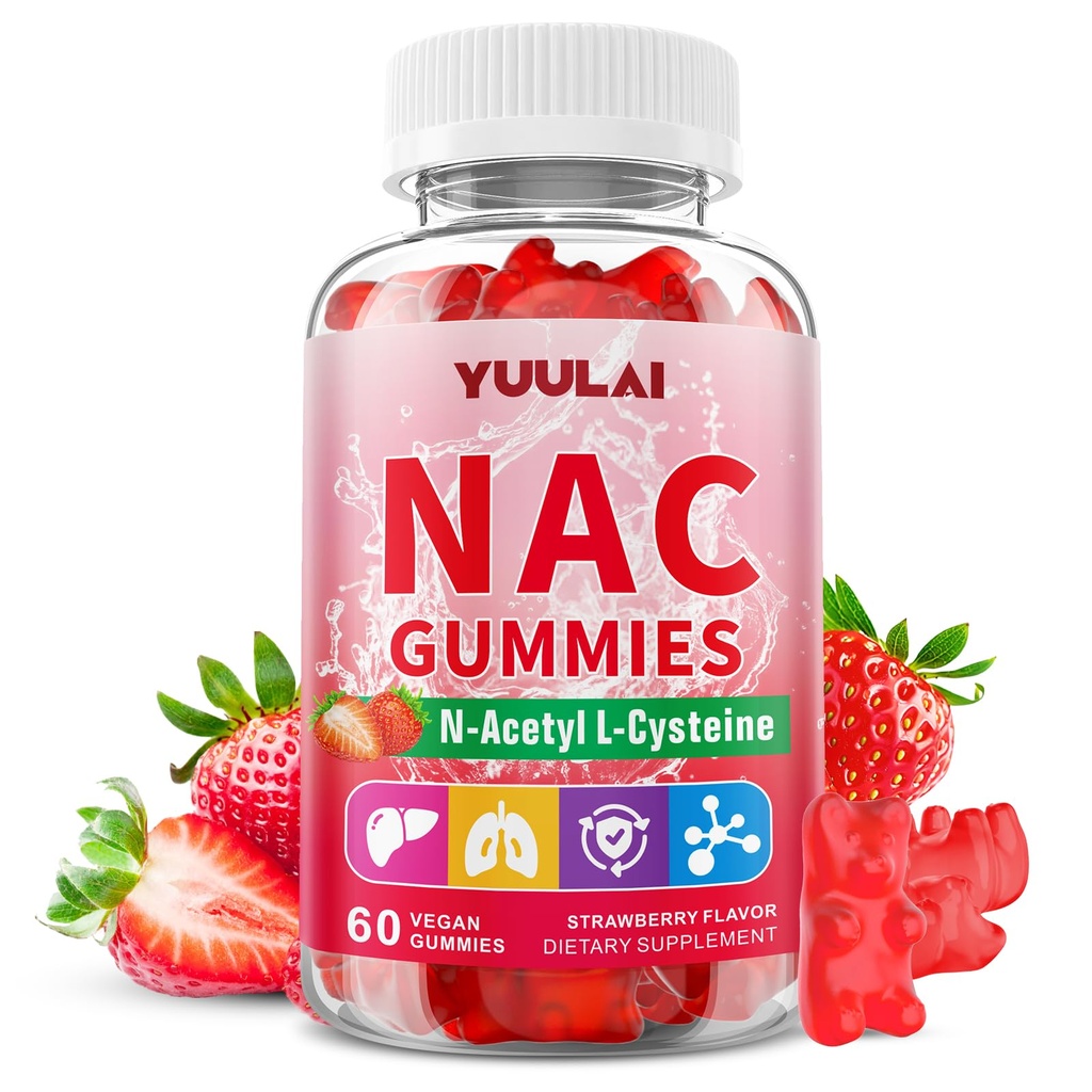 NAC Gummies for Adults & Kids, 1000mg N-Acetyl Cysteine Supplement for Antioxidants & Immune Support, Sugar-Free, Vegan, Strawberry Flavor, 60 Count