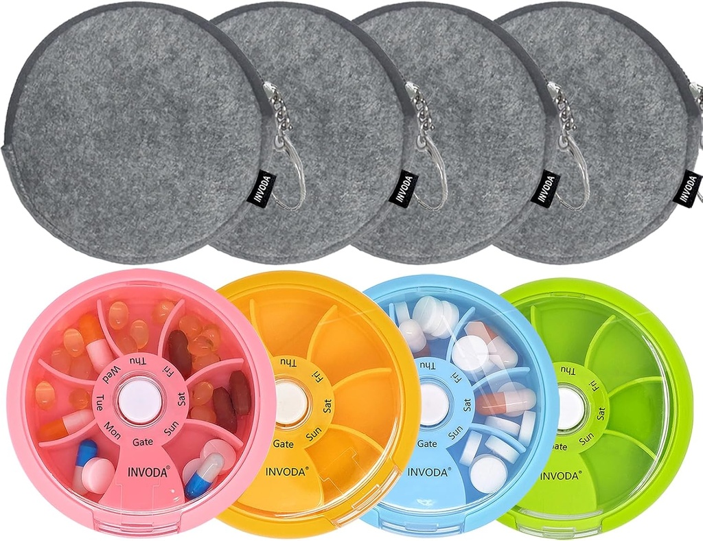 INVODA Weekly Pill Organizer 7 Compartment Rotating Pill Box för daglig medicinering och vitaminer - Portable Travel Pill Case Fish Oil Supplements Vitamins Organizer (4 Pill Box + 4 Bag)