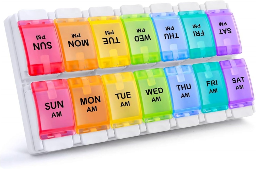 Sukuos AM PM Weekly Pill Organizer 2 Times A Day, Large Daily Pill Box Case 7 Day med Easy Push Button Design, Detachable Medicine Holder för vitamin / fiskolja / tillägg (Rainbow)