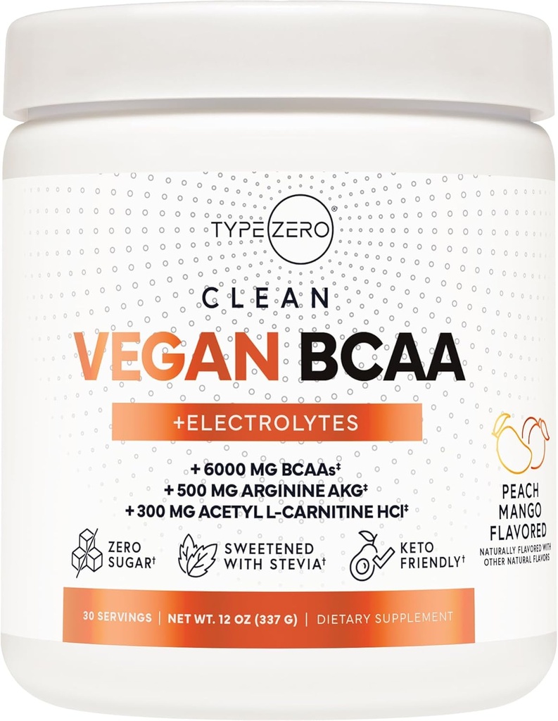 Ultra Clean Vegan BCAA Powder + Electrolytes (Peach Mango | 6G) 2:1:1 Sugar-Free / No Sucralose BCAAs Amino Acids Supplement för kvinnor / män - Bästa BCAA Vegan Amino-syror efter träningsdryck