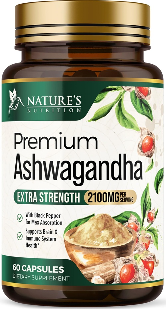 Ashwagandha Supplements - 2100mg Ashwagandha Capsule för kvinnor och män, naturligt antioxidantstöd, Ashwa Root Extract, Extra Strength Calm Support med Black Pepper, Vegan & Gluten Free - 60 kapslar
