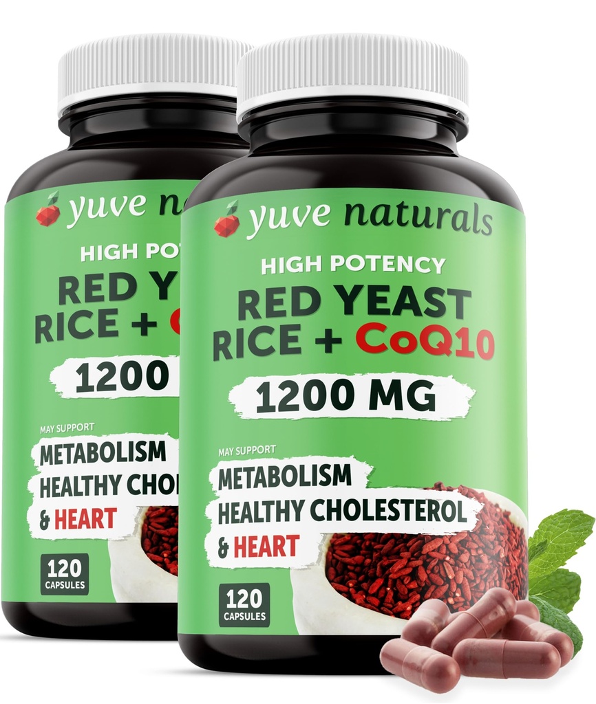Red Yeast Rice 1200 mg kapslar med Q10 - Håll hälsosamt kolesterolnivåer, Herbal Heart Health Vegan Red Yeast Rice Supplement - Red Rice Yeast med Q10 för kvinnor och män - 120 Ct (2-pack)