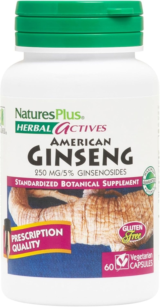 Natures Plus Herbal Actives American Ginseng - 250 mg, 5% Ginsenosides - 60 Vegan kapslar - Glutenfri - 60 portioner