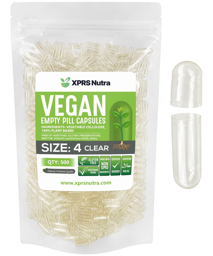 XPRS Nutra Size 4 Empty Capsules - 500 greve Clear Small Empty Vegan Capsules - DIY Vegetable Capsule Filling - Fillable Do-It-Yourself Veggie Pill Caps för tillägg
