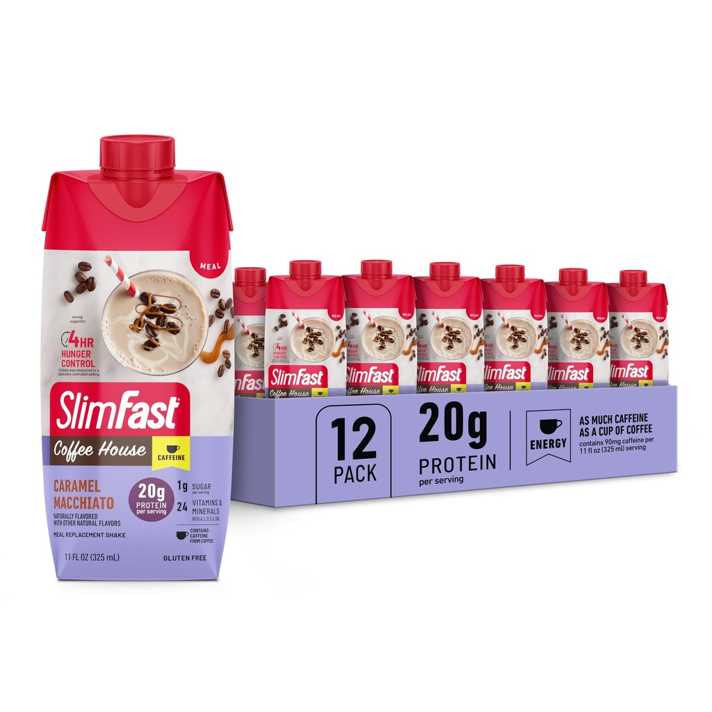 SlimFast Protein Shake med koffein, Caramel Macchiato- 20g Protein, Meal Replacement Shakes, High Protein med låg Carb och låg socker, 24 Vitaminer och mineraler, 12 greve (Pack av 1)