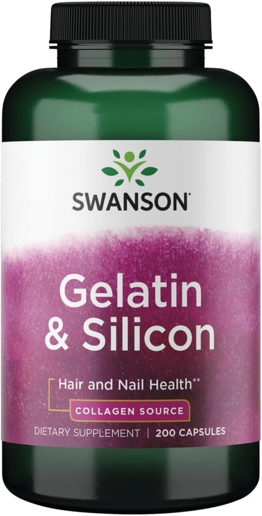 Swanson Gelatin och Silicon - Collagen Proteins Supporting Healthy Hair and Nails - hjälper till att leverera viktiga mineraler för starka naglar och tjockt hår - 20mg Silicon och 1,08 Grams Gelatin - (200 kapslar)