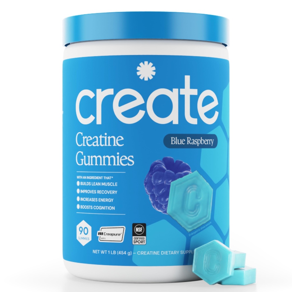 Skapa kreatinmonohydrat Gummies för män och kvinnor, öka fokus, styrka och uthållighet, anti-smältande formel, Vegan, glutenfri, icke-GMO, 1,5 g kreatin per Gummy (Blue Raspberry, 90 ct)