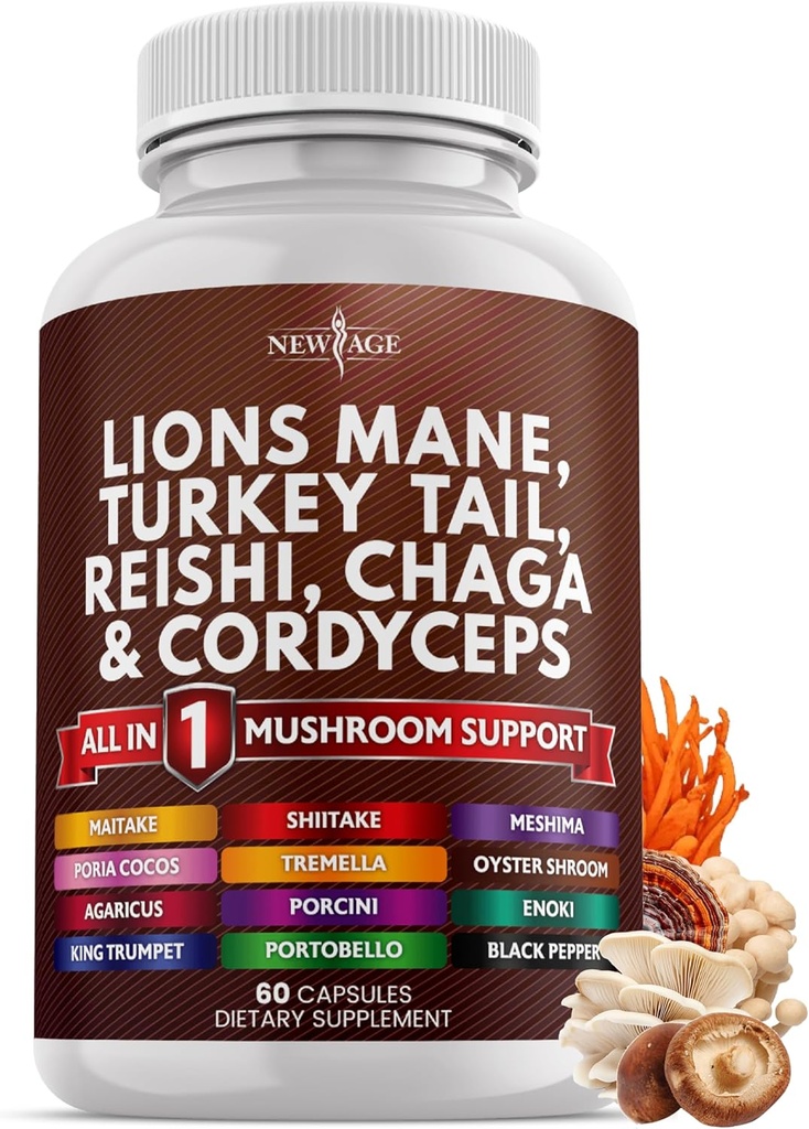 New AGE Lions Mane Mushroom Supplement med Turkiet Tail Reishi Cordyceps Chaga med Marshmallow Root