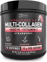 Premium Multi Collagen Peptides Protein Powder (1, 2, 3, 5 & 10) med Vitamin C, Biotin, Hyaluronic Acid, för Hair Skin och Nails - Marine, Bovine, Chicken & Eggshell (Strawberry, 45 Servings)
