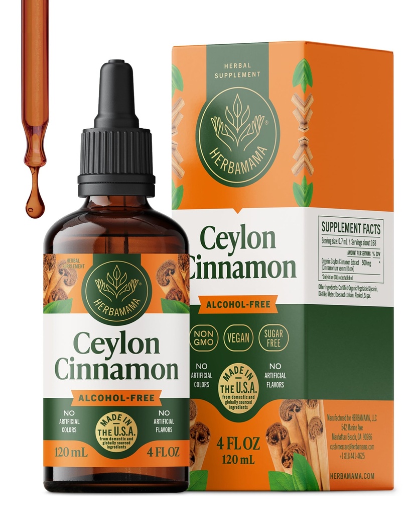 HERBAMAMA Ceylon Cinnamon Liquid Drops – Cinnamon Extract Liquid – Metabolic Support Supplement with Antioxidant Properties – Non-GMO, Alcohol & Sugar-Free, 84-Day Supply