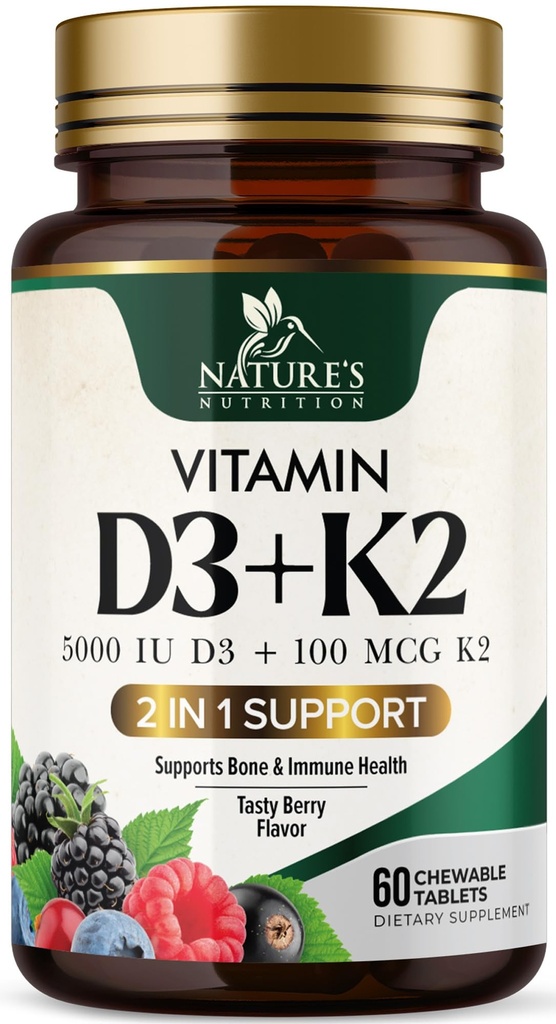 Vitamin D3 K2 Supplement | 5000 IE D3 + K2 100 mcg | MK-7 K2 med vitamin D | Stöder immun, hjärta, tänder och benhälsa - Naturens lätt att tugga, VIT D3 K2, icke-GMO, Tasty Berry Flavor - 60 tabletter