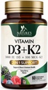 Vitamin D3 K2 Supplement | 5000 IE D3 + K2 100 mcg | MK-7 K2 med vitamin D | Stöder immun, hjärta, tänder och benhälsa - Naturens lätt att tugga, VIT D3 K2, icke-GMO, Tasty Berry Flavor - 60 tabletter