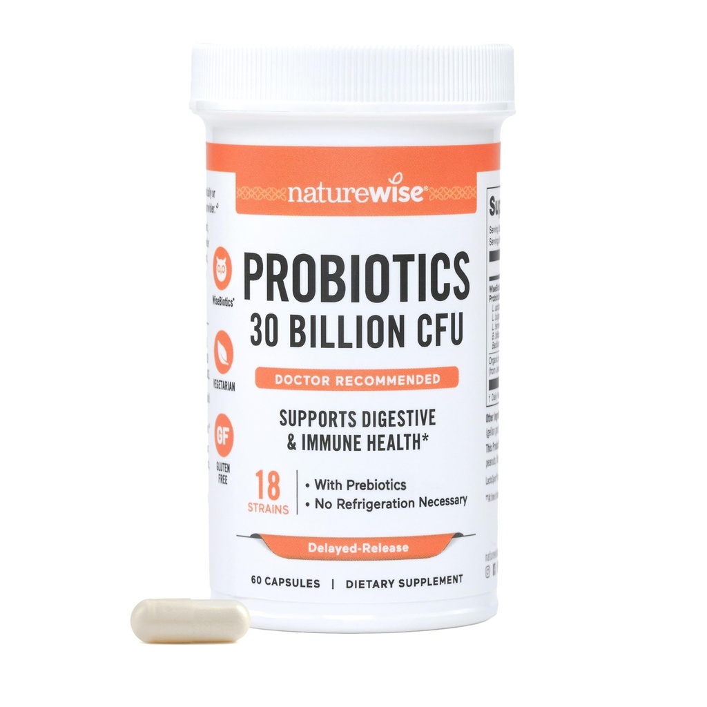 NatureWise Max Probiotics for Women & Men - 30 miljarder CFU 18 Stammar med prebiotika - För Gut & Digestive Health - Försenad frisättning kapslar, glutenfri - 60 kapslar[2-månaders leverans]