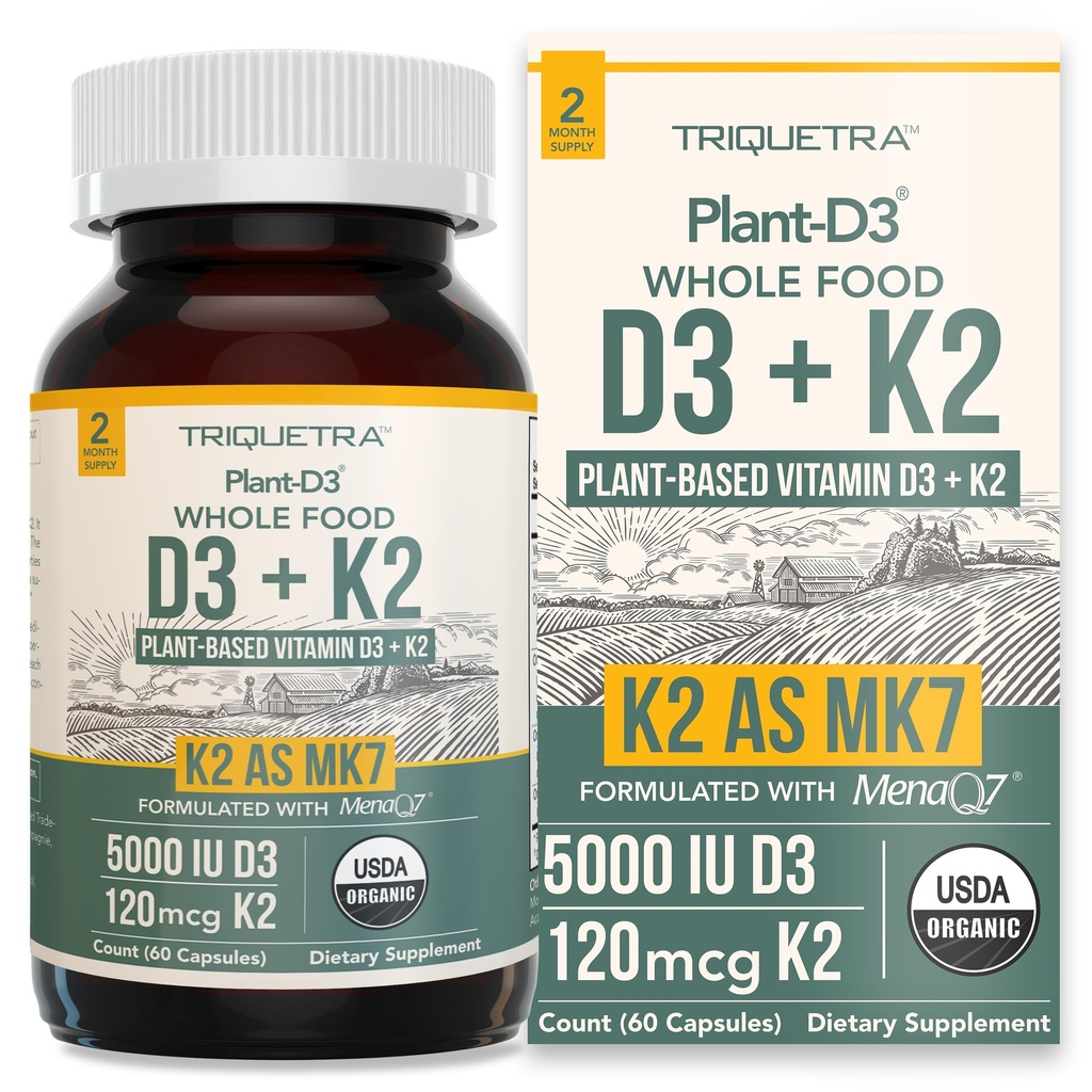 Organisk växt D3 + K2 | 5000 iu D3 + 120 mcg K2 som All-Trans MK7 från MenaQ7® - 100% Whole Food, Raw & Vegan | Förbättrad Digestion med Prebiotic & Superfood Complex - D3 från Organic Algae (60 Count)