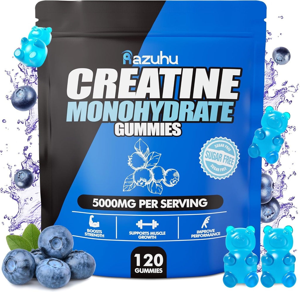 Pre Workout hcl kreatin monohydrat Gummies, 120 blå tugga för män (Blueberry), kreatin hcl Energy Supplement för kvinnor, vassleprotein Isolate Vital Source Feminine Gummies