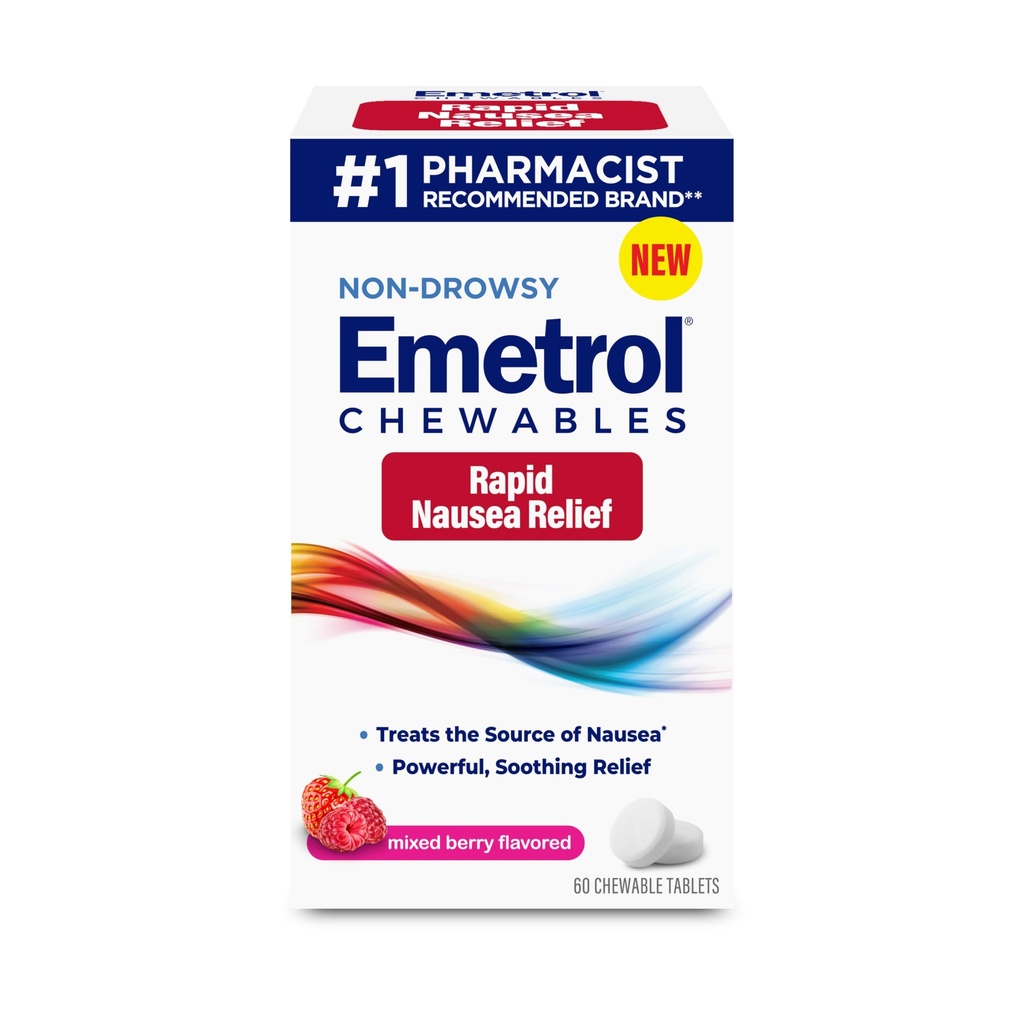 Emetrol Non-Drowsy Nausea Relief - Chewable Medicine for Upset Stomach - Pharmacist Recommended Nausea Relief - Mixed Berry Flavor, 60 tabletter