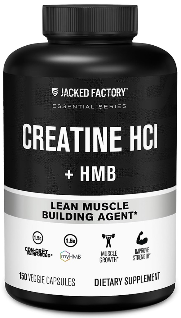 Jacked Factory Creatine HCL + HMB Capsules - Synergistic CON-CRET, myHMB, & Vitamin D Formel för förbättrad tillväxt, styrka och minskad muskelavbrott - 150 kapslar