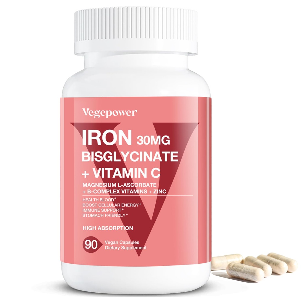 Järntillskott för kvinnor män, Vegan Iron Bisglycinate 30mg Plus Vitamin C, B12, Folsyra - Järnpiller för Anemi, Hälsoblod & Energistöd - Gentle, Hög Absorption, Non-GMO - 90 kapslar