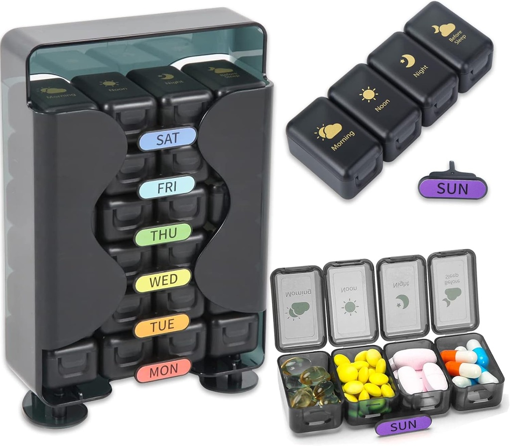 Weekly Pill Organizer 7 Day 4 Times a Day, Large Pill Box Organizer med Drawer Designed, Daily Pill Organizer för att hålla medicin, medicinering, vitaminer och fiskoljor (Black)