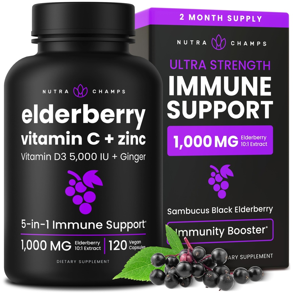 NutraChamps Elderberry med vitamin C och Zink - 5 i 1 immunitetstillägg, 10 000 mg Sambucus Black Elderberry kapslar med vitamin D3 5000 IE, Sambucus Elderberry Extract Immune Support för vuxna