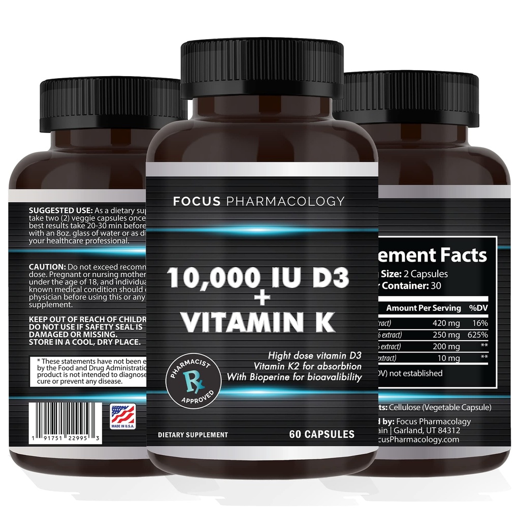 Vitamin K2 med D3 Extra Strength Supplement Bone | Hjärthälsa icke-GMO Formel 10.000 IE Vitamin D3 & 200 mcg Vitamin K2 (MK7) | Lätt att Svälja Vitamin K & D, 60 kapslar
