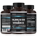Vitamin K2 med D3 Extra Strength Supplement Bone | Hjärthälsa icke-GMO Formel 10.000 IE Vitamin D3 & 200 mcg Vitamin K2 (MK7) | Lätt att Svälja Vitamin K & D, 60 kapslar