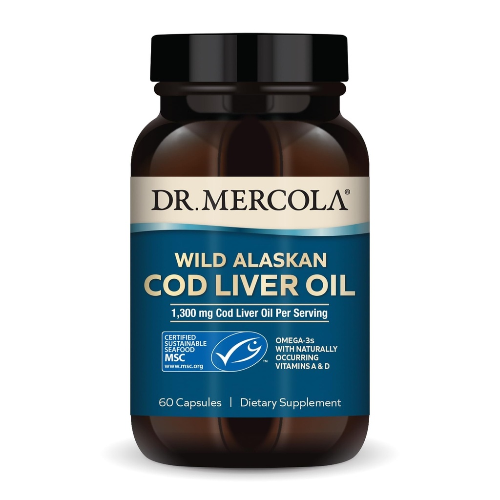Dr Mercola Cod Liver Oil, 1,300 mg per portion, 30 portioner (60 kapslar), kosttillskott, stöder hjärna, ben och gemensam hälsa, icke-GMO, MSC-certifierad