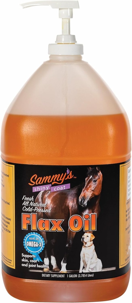 Sammys Shiny Coat Flax Oil för hästar, ren linfröolja för häst, rik i Omega-3 fettsyror, Flax Oil Horse Supplement för hud och rock, Immune, Cardio och Joint Support, 1 Gallon med fri pumpa