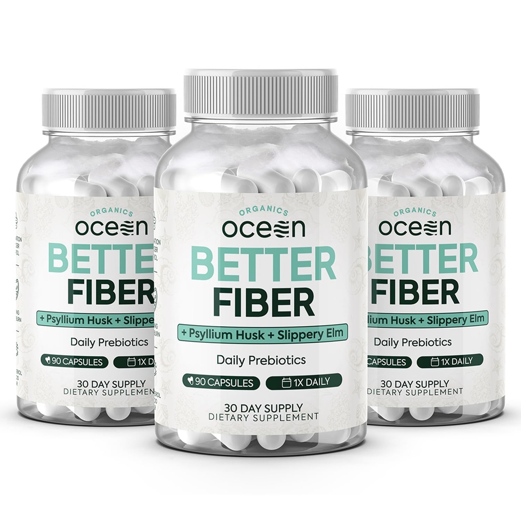 Organics Ocean Better Fiber - Daglig Fiber Supplement - Soften Stool för Effortless Bowel Movements - med Psyllium Hulk och Slippery Elm - 3 flaskor