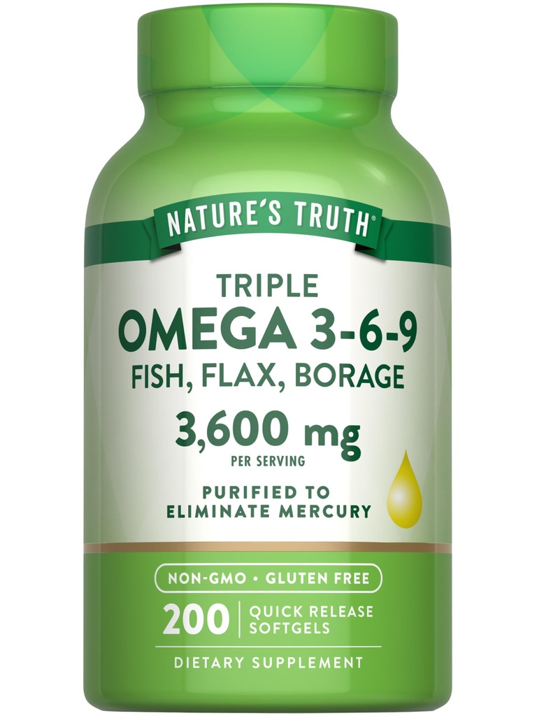Naturens Sanning Triple Omega 3 6 9 | 3600mg | 200 Softgels | Fisk, Flax och Borage Oils | Icke-GMO & Gluten Fri Supplement