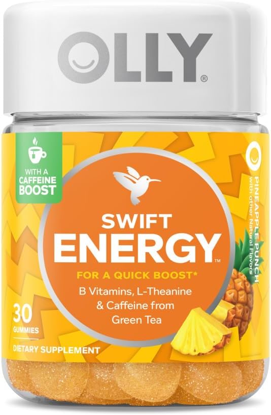 OLLY Swift Energy Gummy, koffein från grönt te, B-vitaminer, L Theanine, Adult Chewable Supplement, Pineapple, 10 Day Supply - 30 greve