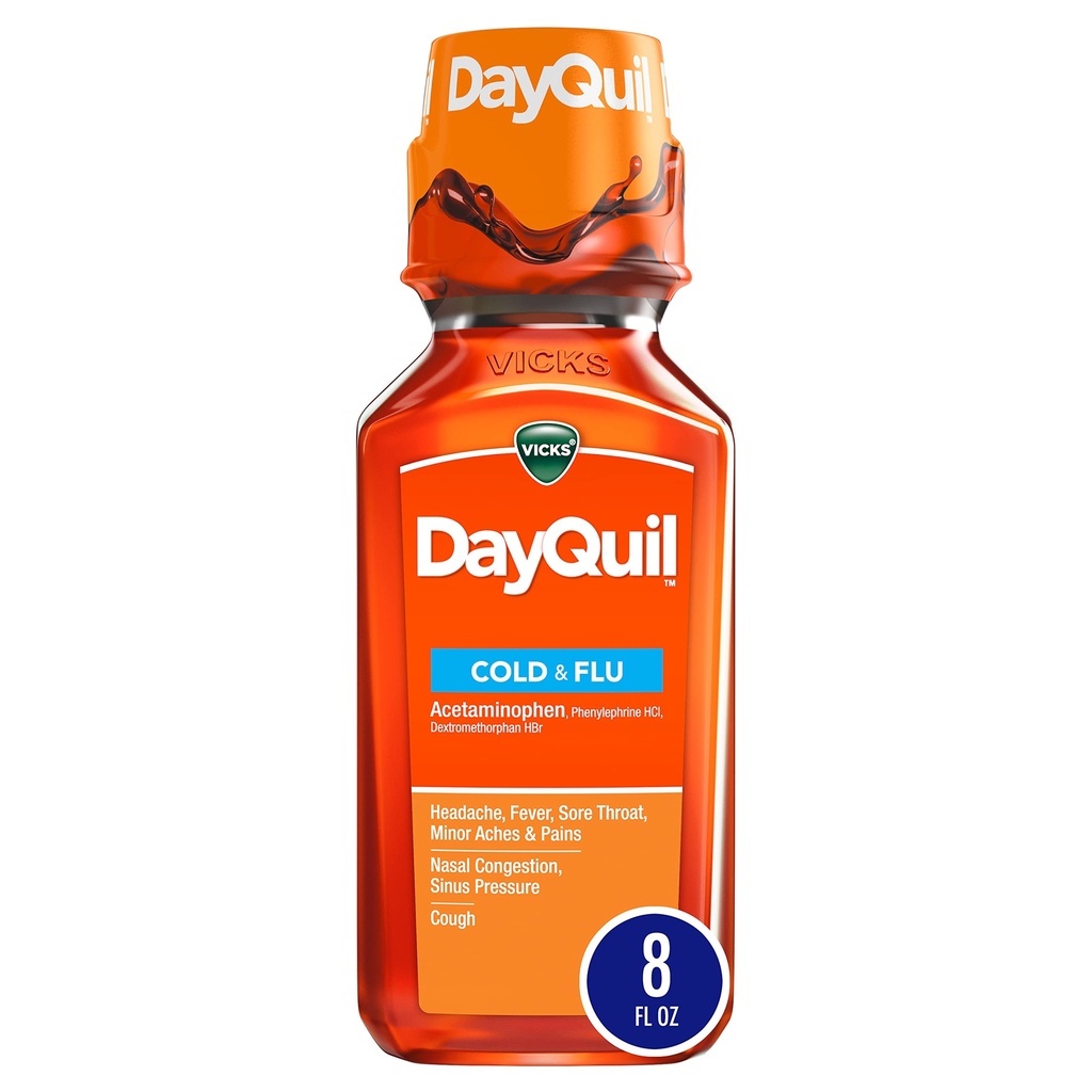 Vicks DayQuil Cold and Flu Relief Liquid Medicine, Non-Drowsy Powerful Multi-Symptom Daytime Relief for Headache, Fever, Sore Throat, Minor Aches and Pains, Nasal Congestion, and Cough, 12 FL OZ