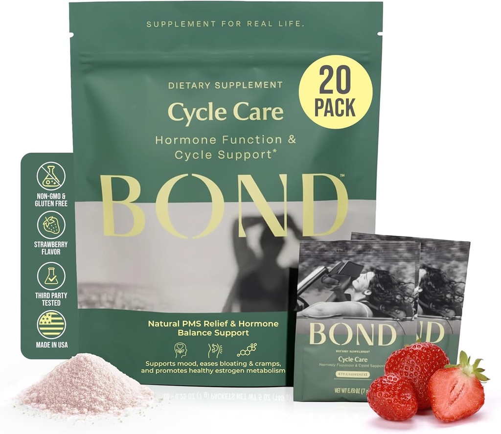 BOND Cycle Care – PMS Support Supplement & Hormone Balance for Women – Cortisol Reducer with Ashwagandha, L-Tryptophan, Magnesium, Cramps & Mood Relief, Strawberry Drink Mix - 20 Travel Packs