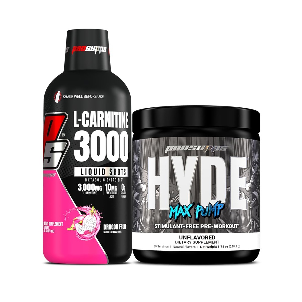 PROSUPPS L-Carnitine 3000 Stimulant Free Liquid Shots (31 portioner, Dragon Fruit) och Hyde Max Pump Pre Workout för män och kvinnor (20 portioner, Unflavored) Bundle