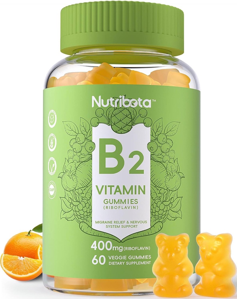 Sugar Gratis Vitamin B2 Gummies- Riboflavin 400mg 200mg med Magnesium, Q10 för vuxna och barn, Vegan, 60 greve