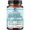 Magnesium Ashwagandha | Calming Magnesium Supplement för vuxna | Relax, Rest, Calm Mood & Sleep Support | Mag Citrate & Oxide 400 mg + Ashwagandha 500 mg | Muscle Health & Stress Relief | 120 Ct