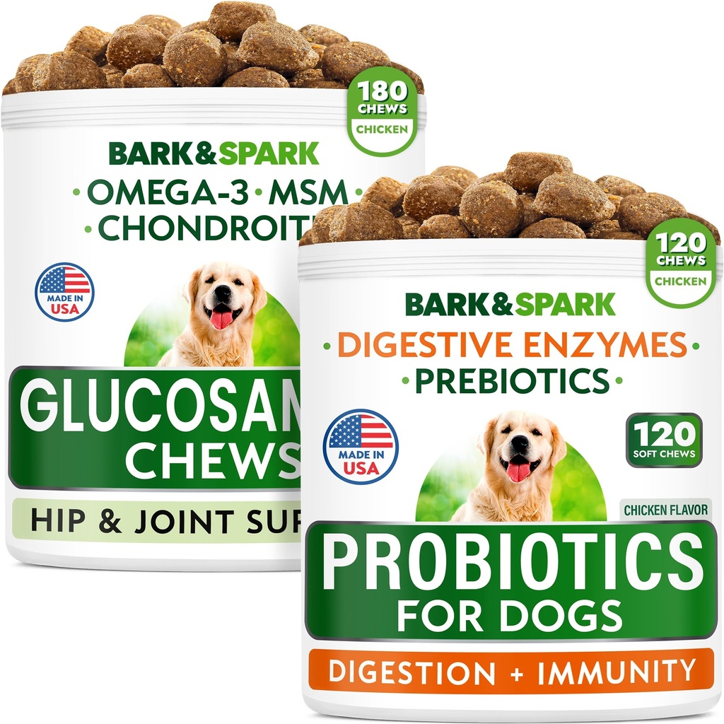 Dog Probiotics + Glucosamine Treats Bundle - Digestive Enzymes + Prebiotics + Chondroitin, MSM, Omega-3 - Gas, Diarrhea, Allergy, Constipation, Upset Stomach Relief + Joint Pain Relief - Immunity