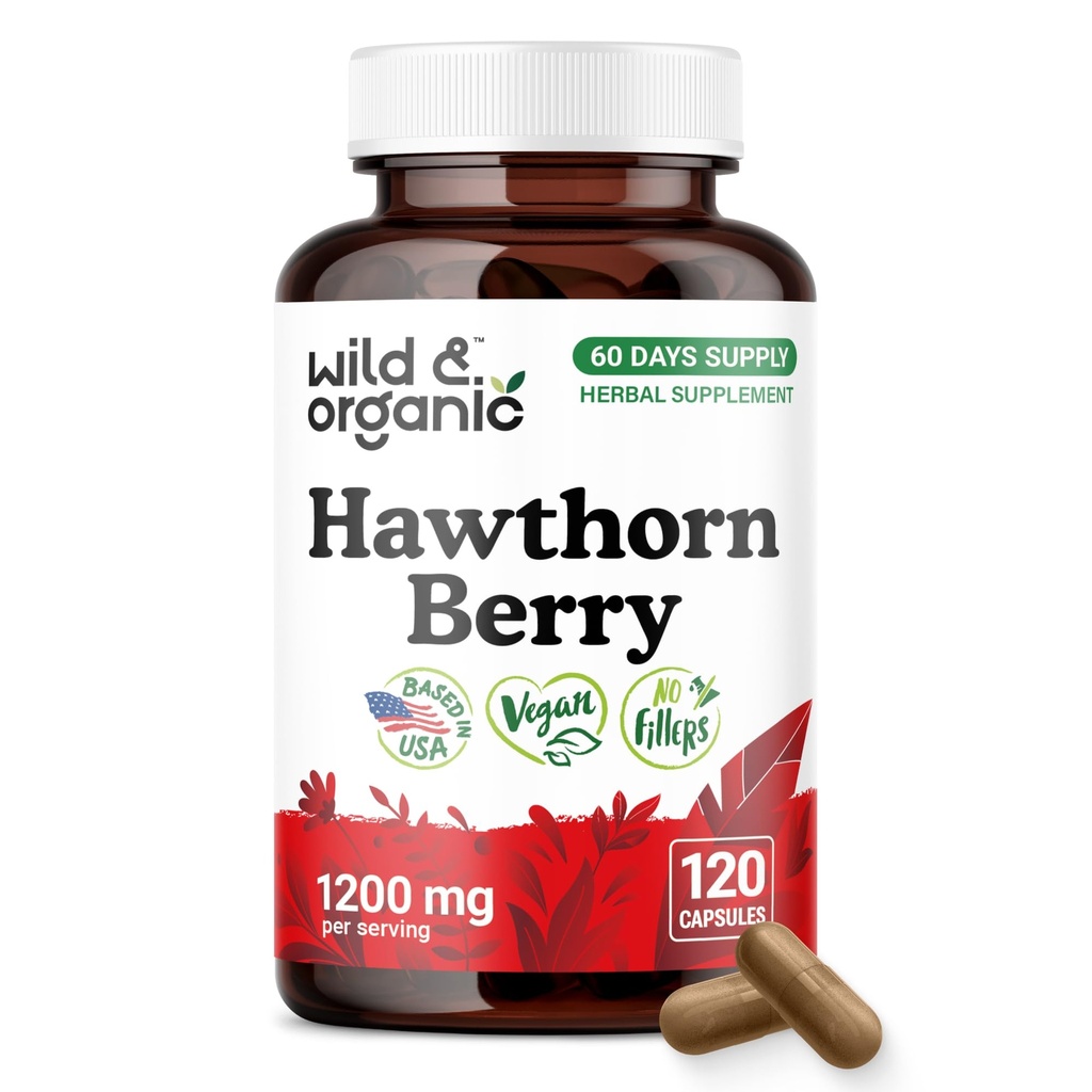 Wild & Organic Hawthorn Berry Capsules 1200 mg - Overall Support - Hawthorn Berry Powder Supplement - Crataegus Monogyna Fruit - 60 Days of Supply - Vegan, No Fillers, Non-GMO - 120 Count