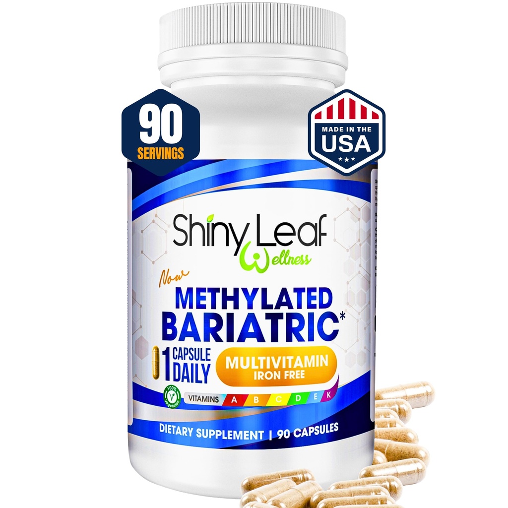 Shiny Leaf Methylated Bariatric Multivitamin utan järn - Vitaminer för Gastric Bypass & Sleeve, 1 Daily Capsule W Methylated Folate, B12, A, C, D, K & More. Vegetarian, Soy-Free, USA Made (90 Ct.)