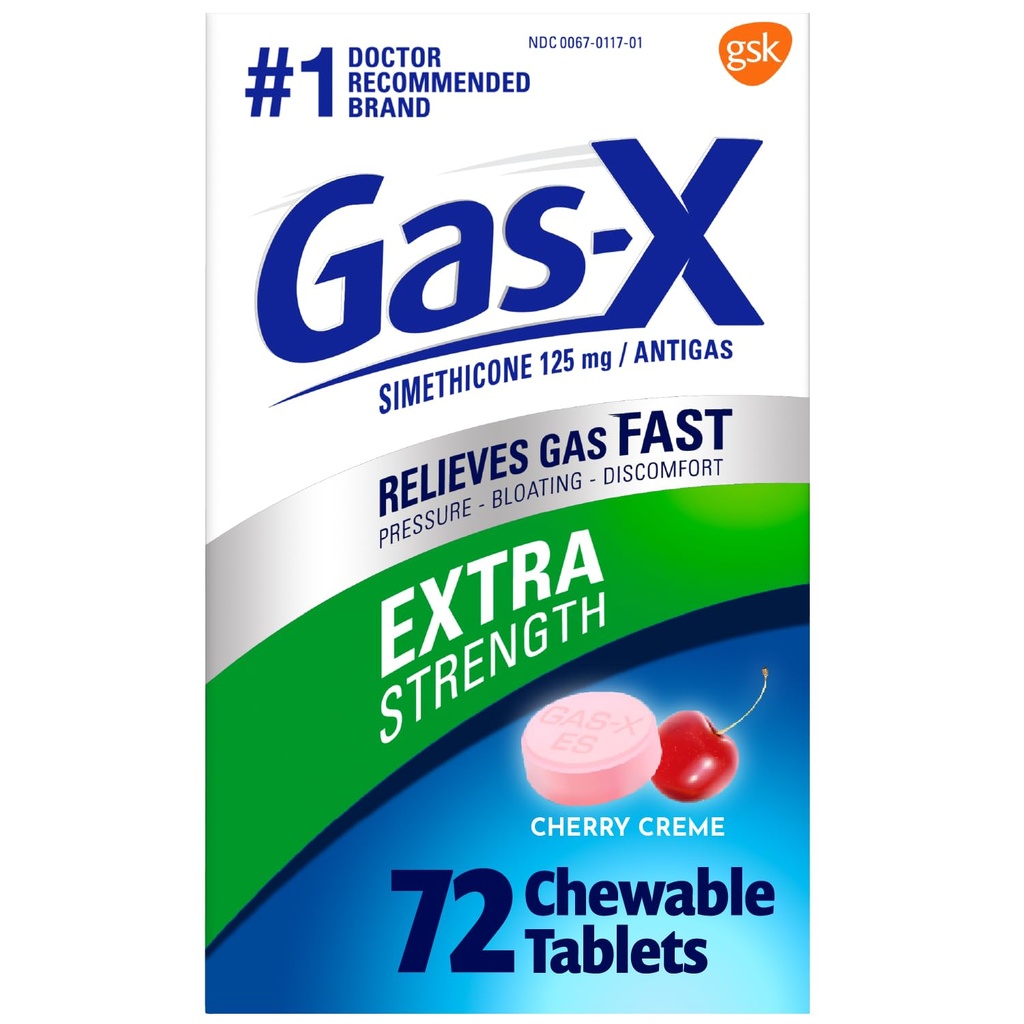Gas-X Extra Strength Chewable Gas Relief tabletter med Simethicone 125 mg för Bloating Relief, Cherry - 72 Räkna