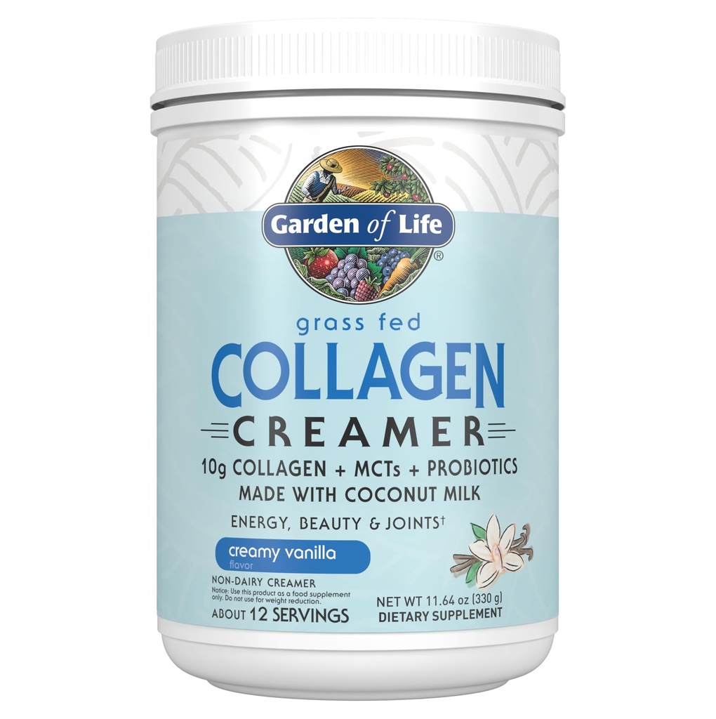Garden of Life Grass Fed Collagen Creamer Powder - Creamy Vanilla, 12 portioner, pulver för kaffe Energy Beauty Joints, Collagen Peptides med Coconut MCTs, Keto Protein Supplements