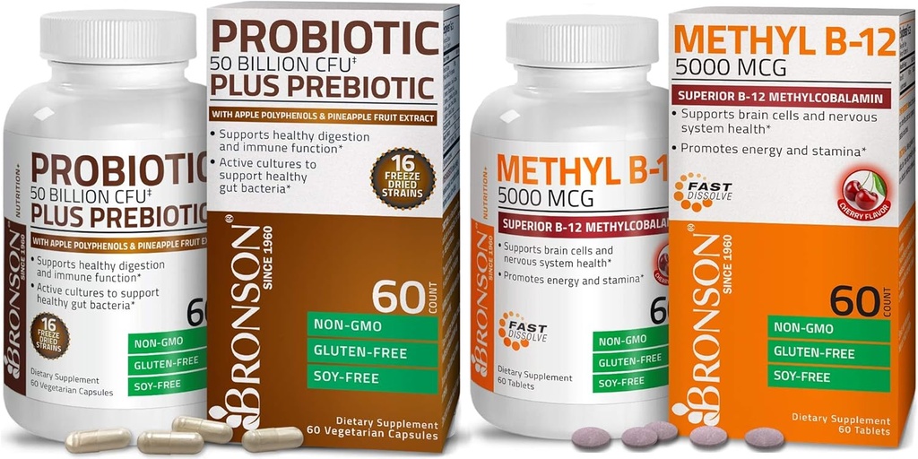 Bronson Probiotic 50 miljarder CFU + Prebiotic med Apple Polyphenols & Pineapple Fruit Extract + Methyl B12 5000 mcg Vitamin B12 Methylcobalamin